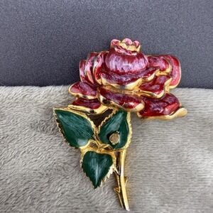 Vintage Pot Metal Brooch Rose Gold Tone Enamel Flower